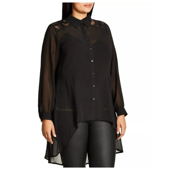 City Chic Tops - City Chic Black Lace Yoke Sheer High Low Blouse Sz XXL